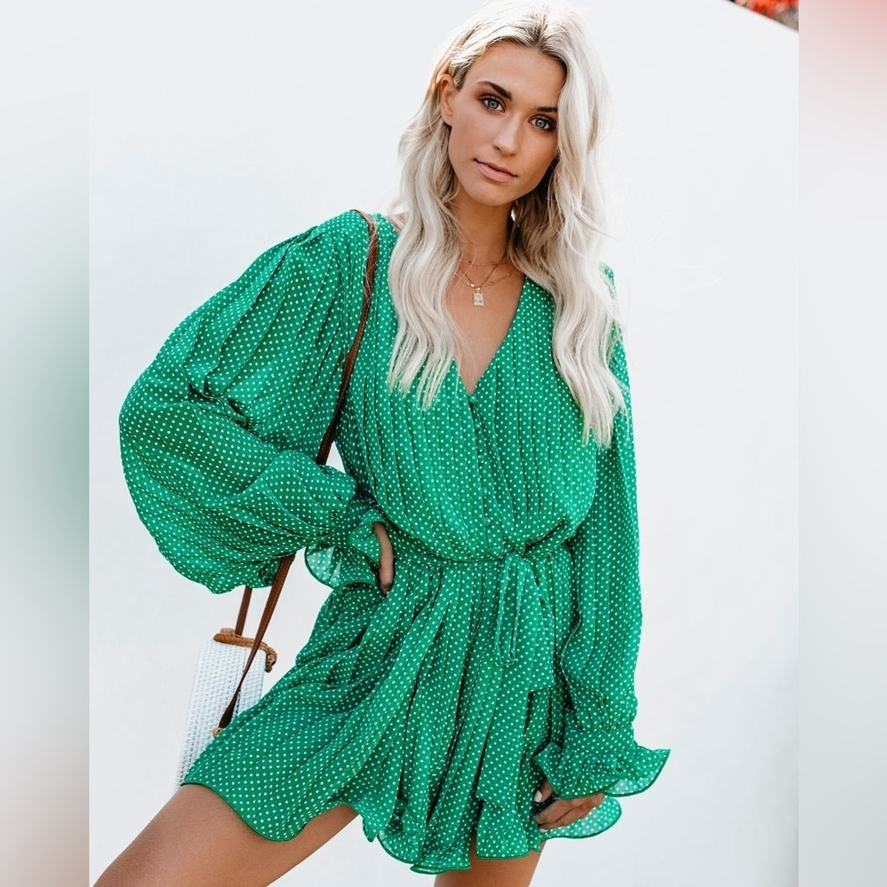 VICI Endless Rose Viera Polka Dot Pleated Romper Long Sleeves Green Size S NWT - Picture 4 of 11